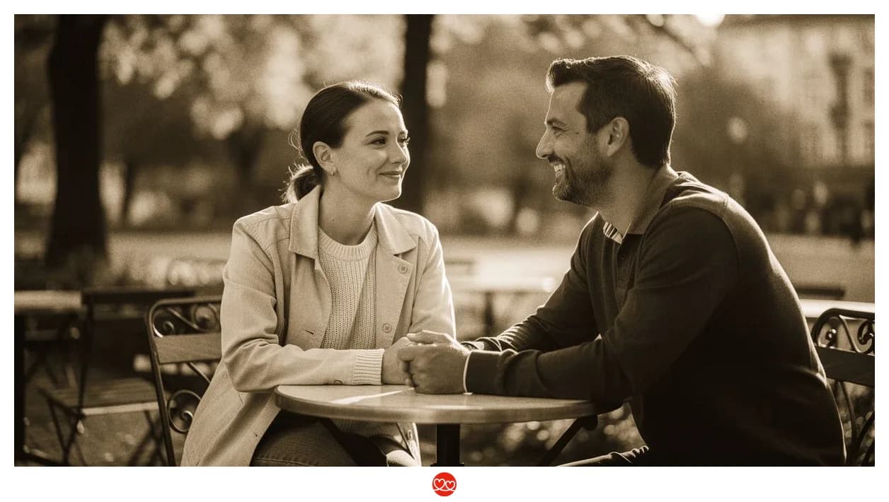 Arzt Dating Status: Arzt in Freizeitkleidung beim Café-Date, nachdenklicher Blick, natürliches Licht