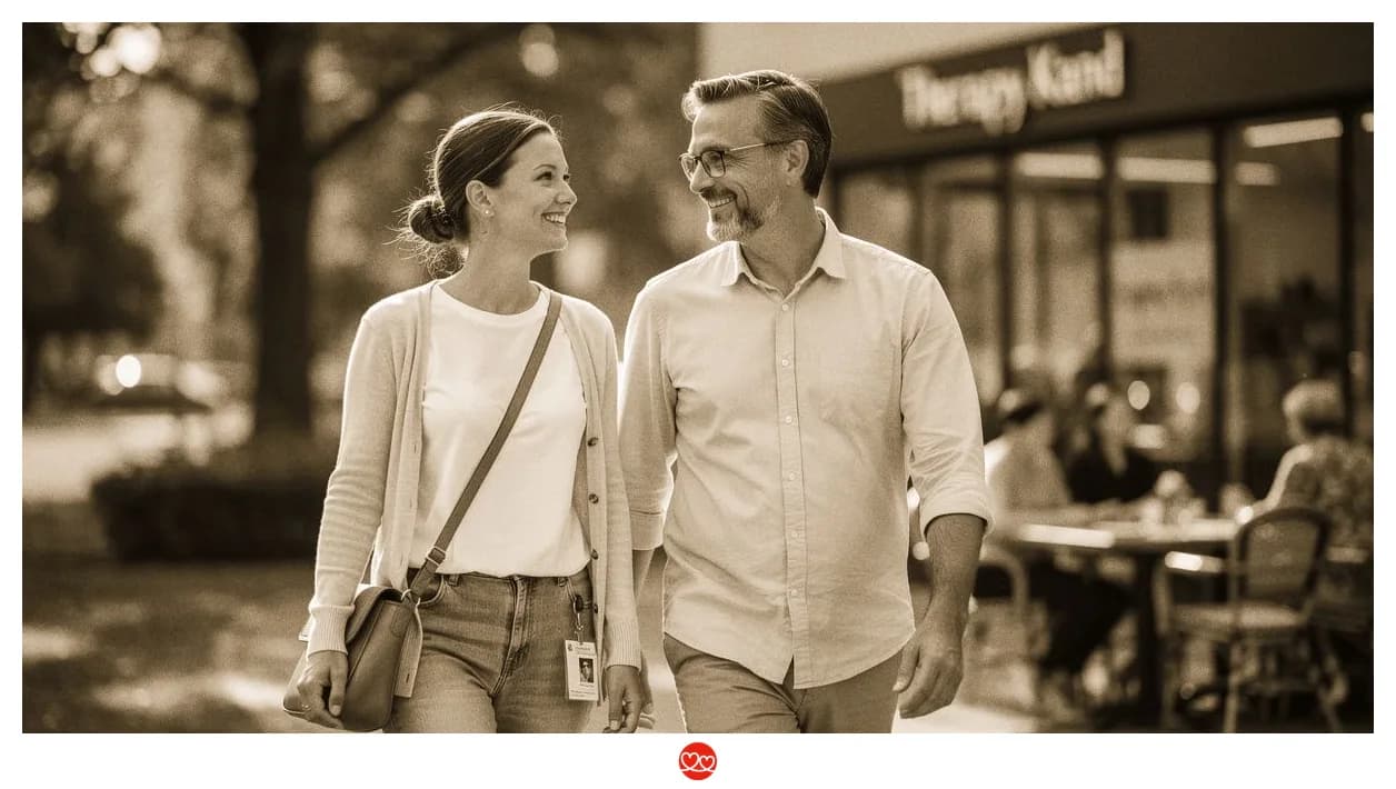 Dating Herausforderungen Therapeuten: Psychotherapeutin in Alltagskleidung — nachdenklich, entspannt, außerhalb der Praxis