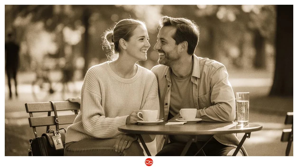 Online-Dating Pflege Sicherheit: Pflegekraft scrollt diskret durch Dating-App auf dem Handy