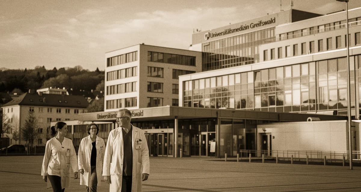 Universitätsmedizin Greifswald Hauptgebäude Fleischmannstraße mit Backstein-Architektur in Vorpommern
