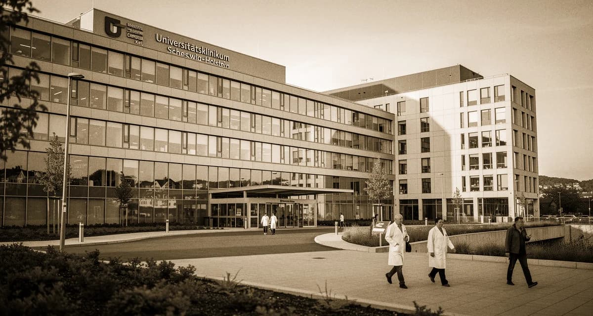UKSH Campus Kiel Hauptgebäude an der Arnold-Heller-Straße mit Klinikkomplex und Förde im Hintergrund