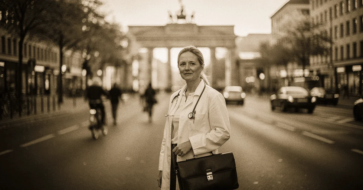 Ärztekammer Berlin: Brandenburger Tor in Berlin mit Mediziner-Szene im Vordergrund