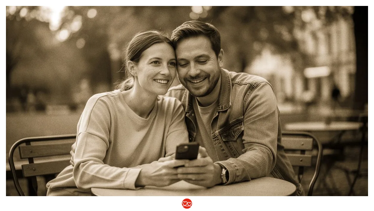 Dating-Profil Therapeut: Psychologin in Zivil mit Smartphone in einem Café — entspannt, authentisch, offen