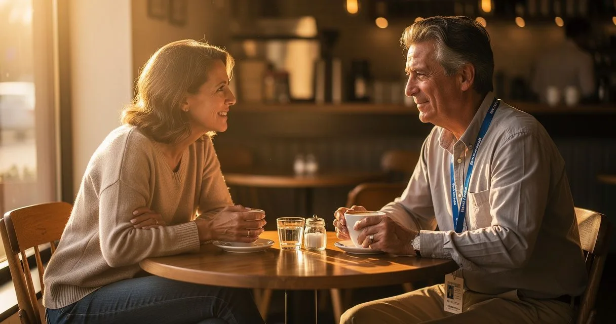 erste Date Ideen Ärzte: Zwei Personen trinken Kaffee in einem gemütlichen Café, entspannte Atmosphäre