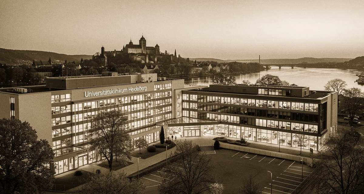 Universitätsklinikum Heidelberg bei Abenddämmerung, beleuchtete Klinikgebäude und Neckar-Altstadt im Hintergrund, ruhige warme Atmosphäre — keine erkennbaren Personen