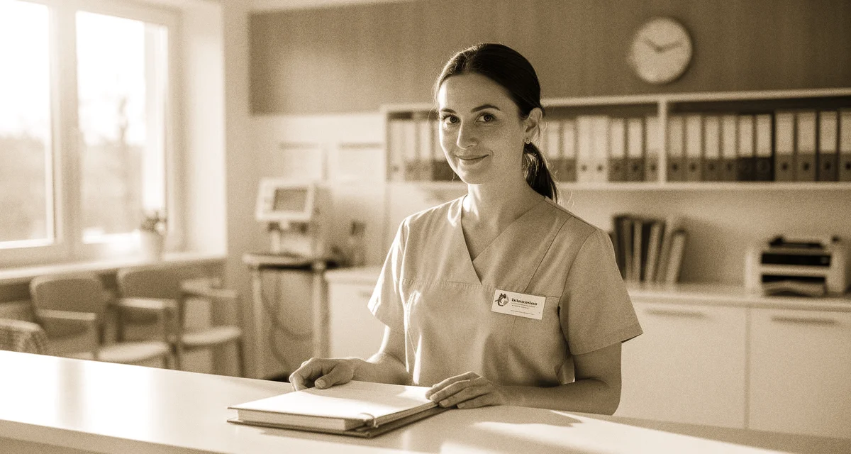 MFA am Praxistresen mit Patientenkartei, helle Arztpraxis – keine realen Personen