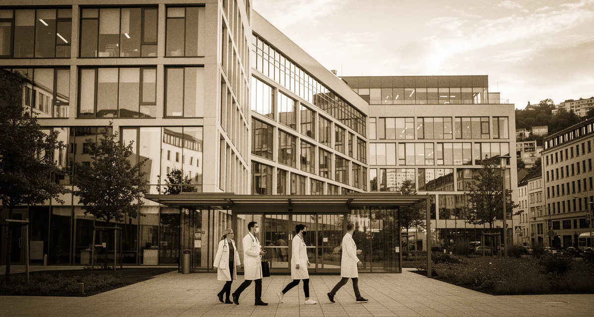 Uniklinik Berlin: Charité-Hochhaus am Charitéplatz mit moderner Glasfassade und Mediziner:innen im Eingangsbereich