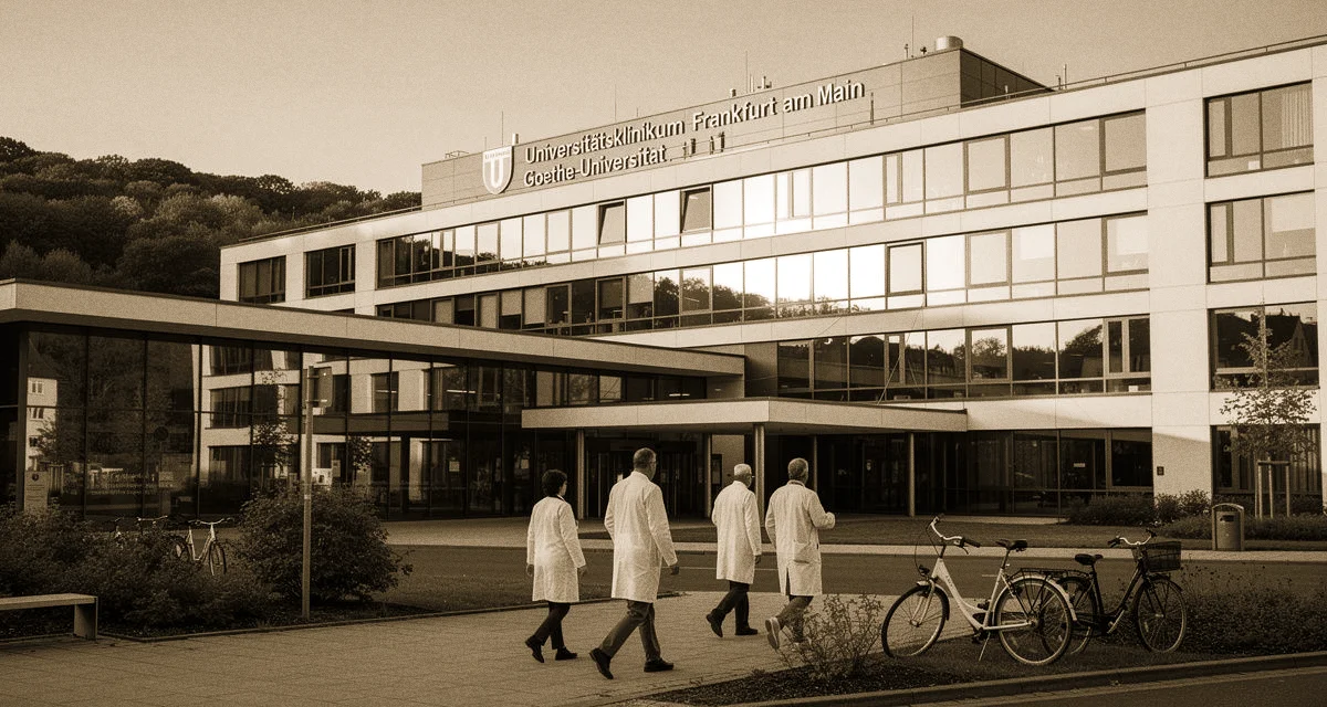 Uniklinik Frankfurt: Universitätsklinikum Frankfurt am Theodor-Stern-Kai mit Mediziner-Team in der Skyline-Kulisse