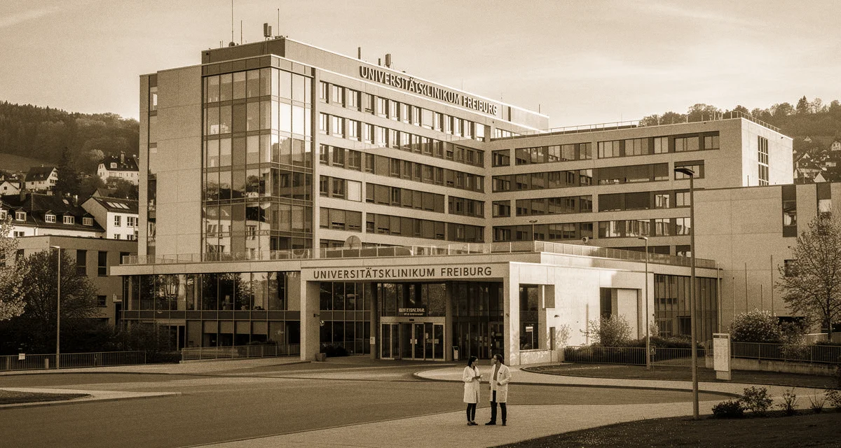 Uniklinik Freiburg: Eingangsbereich des Universitätsklinikums Freiburg mit Glasfassade und Mitarbeitenden