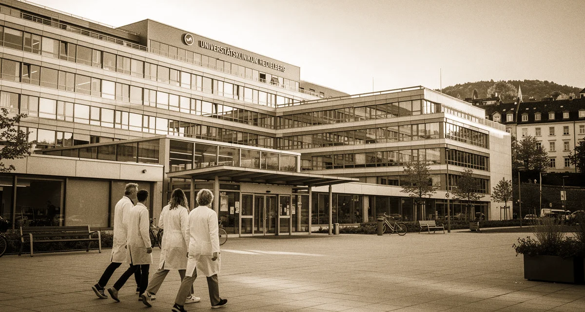 Uniklinik Heidelberg: Klinik-Hochhäuser im Neuenheimer Feld mit Neckar-Hintergrund und Mediziner:innen am Eingang