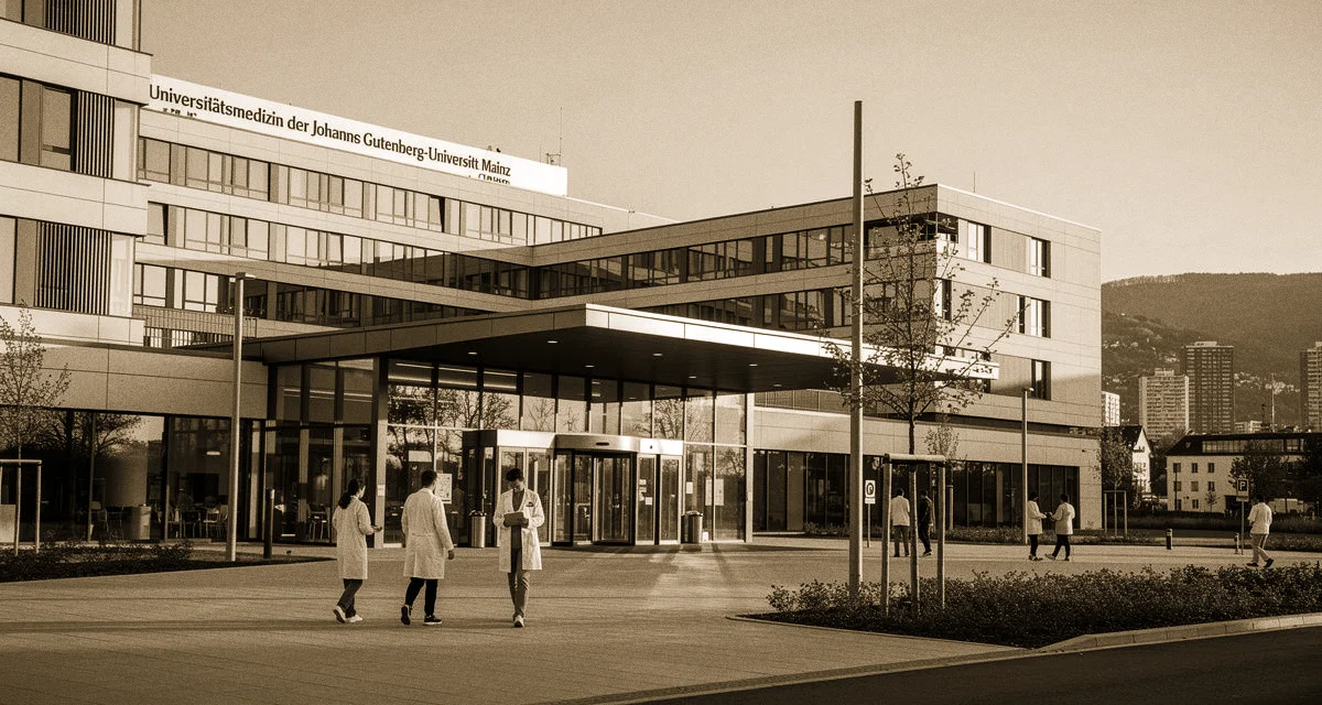 Uniklinik Mainz: Universitätsmedizin Mainz UMM — Langenbeckstraße mit Mediziner-Team und Rhein-Blick