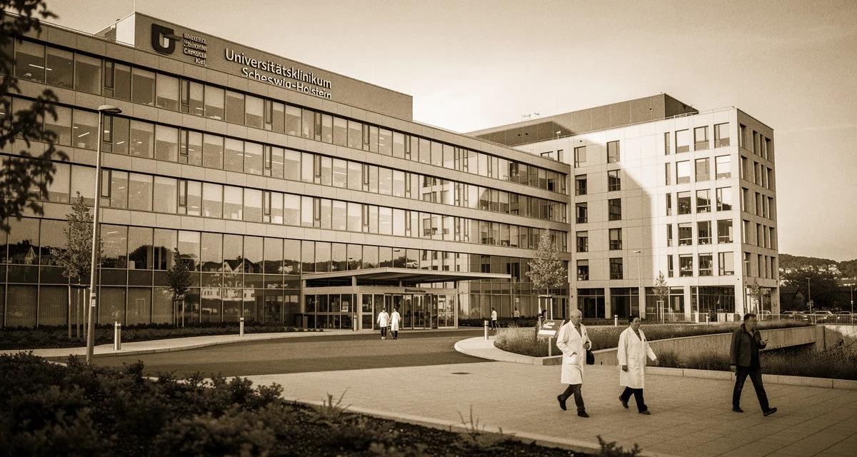UKSH Kiel Singles: UKSH Campus Kiel Hauptgebäude an der Arnold-Heller-Straße mit Klinikkomplex und Förde im Hintergrund